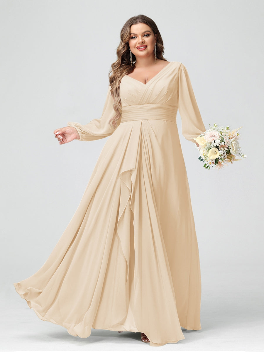 A-Line/Princess V-Neck Long Sleeeves Chiffon Ruffles Plus Size Bridesmaid Dresses with Pockets