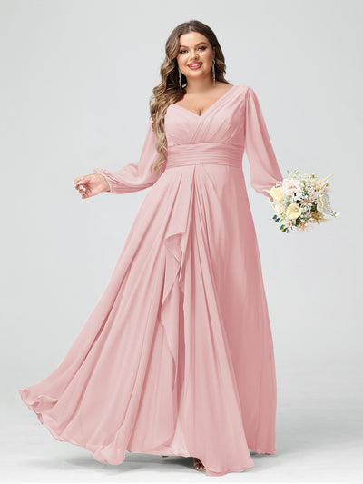 A-Line/Princess V-Neck Long Sleeeves Chiffon Ruffles Plus Size Bridesmaid Dresses with Pockets