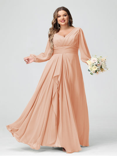 A-Line/Princess V-Neck Long Sleeeves Chiffon Ruffles Plus Size Bridesmaid Dresses with Pockets