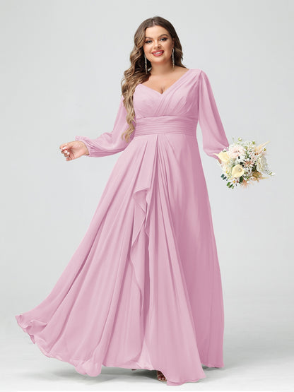 A-Line/Princess V-Neck Long Sleeeves Chiffon Ruffles Plus Size Bridesmaid Dresses with Pockets