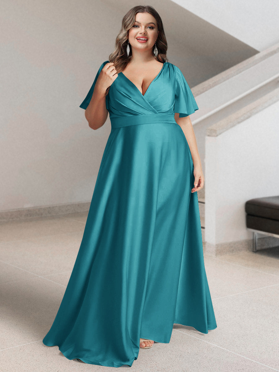 A-Line/Princess V-Neck Short Sleeves Silk Satin Plus Size Bridesmaid Dresses with Pockets