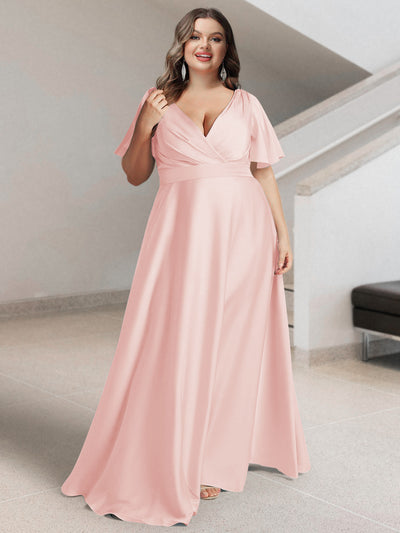 A-Line/Princess V-Neck Short Sleeves Silk Satin Plus Size Bridesmaid Dresses with Pockets