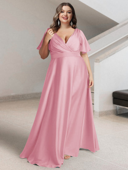 A-Line/Princess V-Neck Short Sleeves Silk Satin Plus Size Bridesmaid Dresses with Pockets