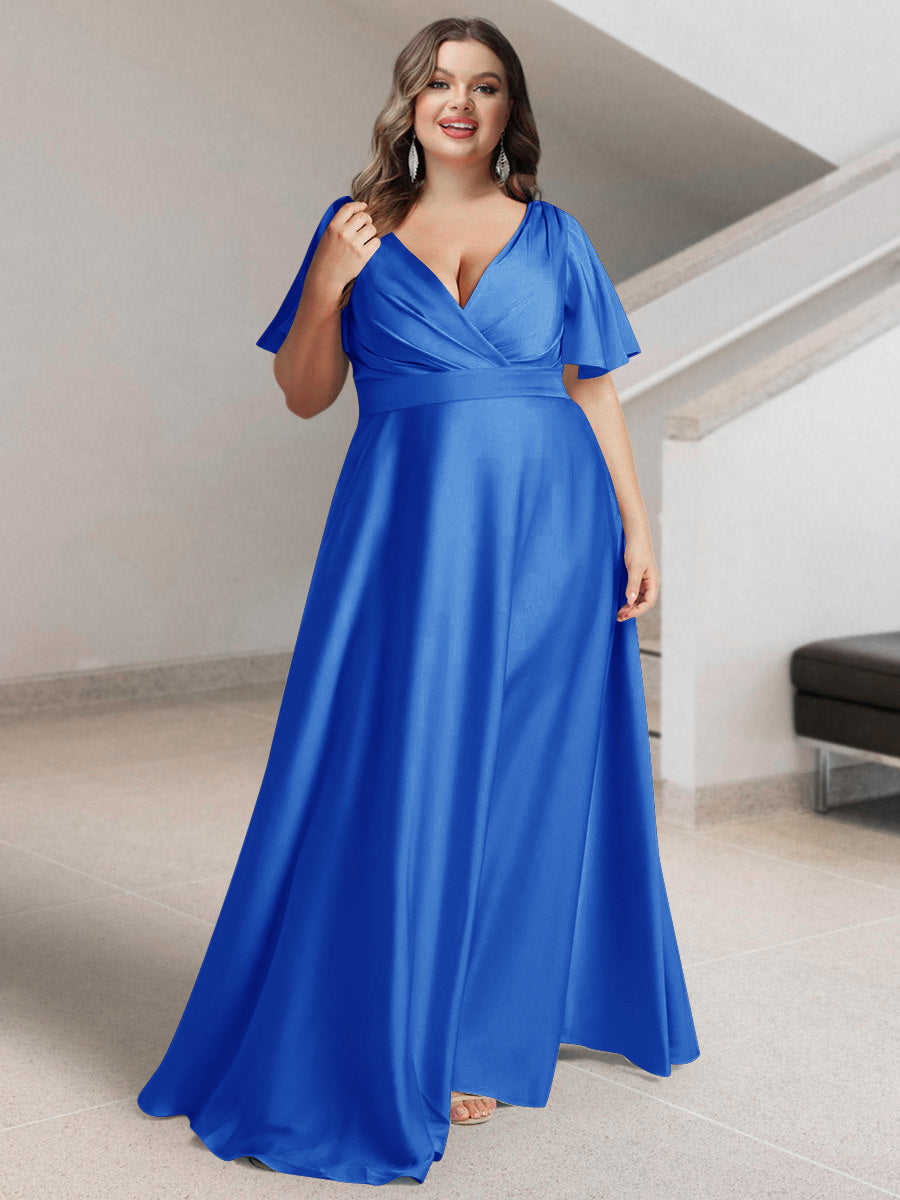 A-Line/Princess V-Neck Short Sleeves Silk Satin Plus Size Bridesmaid Dresses with Pockets