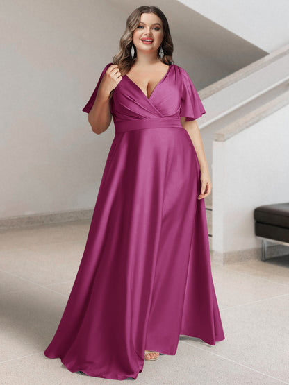 A-Line/Princess V-Neck Short Sleeves Silk Satin Plus Size Bridesmaid Dresses with Pockets