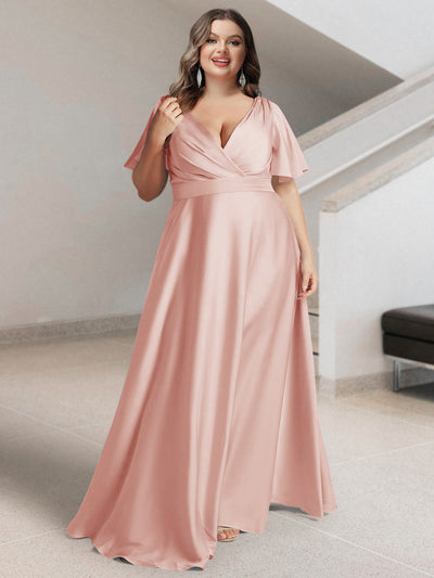 A-Line/Princess V-Neck Short Sleeves Silk Satin Plus Size Bridesmaid Dresses with Pockets