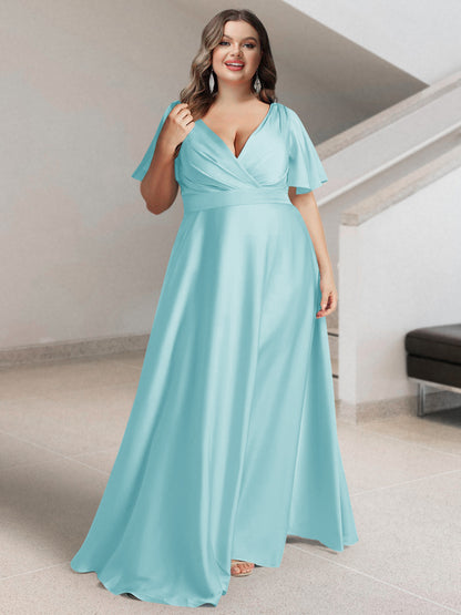 A-Line/Princess V-Neck Short Sleeves Silk Satin Plus Size Bridesmaid Dresses with Pockets