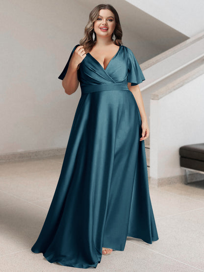 A-Line/Princess V-Neck Short Sleeves Silk Satin Plus Size Bridesmaid Dresses with Pockets