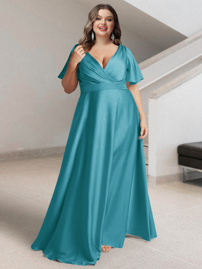 A-Line/Princess V-Neck Short Sleeves Silk Satin Plus Size Bridesmaid Dresses with Pockets