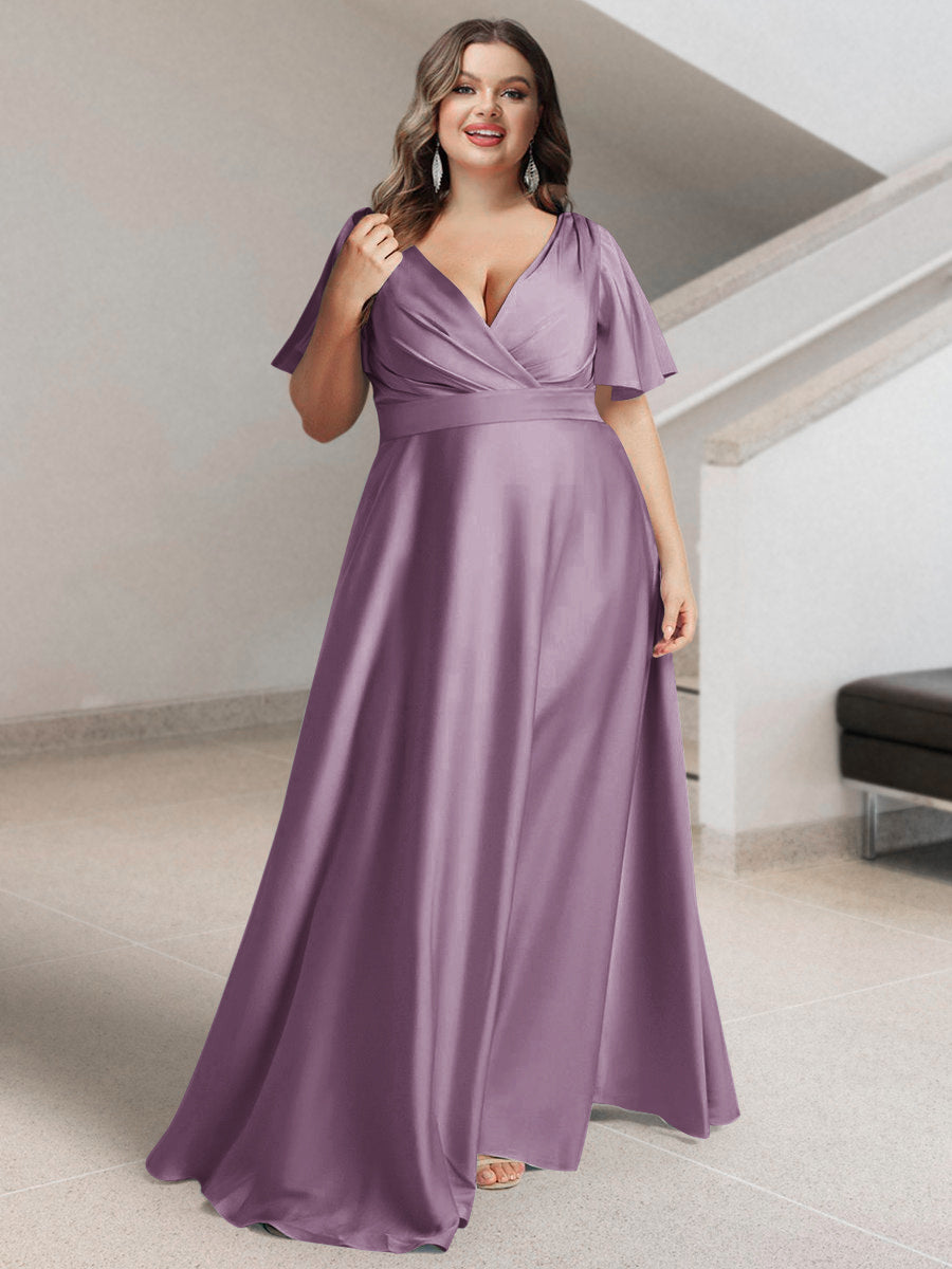 A-Line/Princess V-Neck Short Sleeves Silk Satin Plus Size Bridesmaid Dresses with Pockets