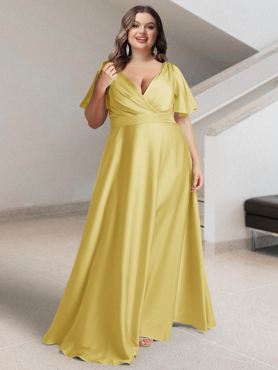 A-Line/Princess V-Neck Short Sleeves Silk Satin Plus Size Bridesmaid Dresses with Pockets