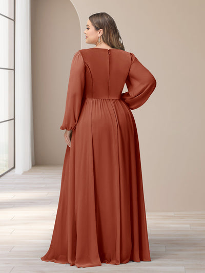 A-Line/Princess V-Neck Long Sleeves Chiffon Long Plus Size Bridesmaid Dresses With Split Side