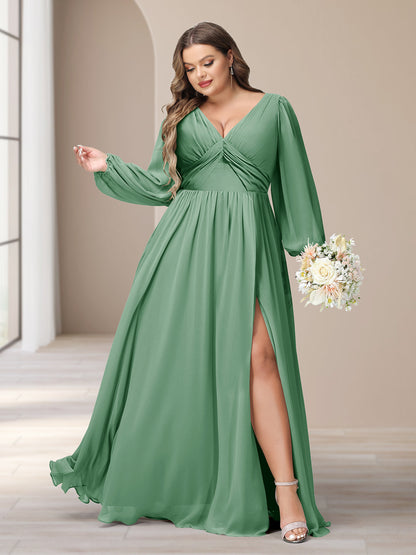 A-Line/Princess V-Neck Long Sleeves Chiffon Long Plus Size Bridesmaid Dresses With Split Side