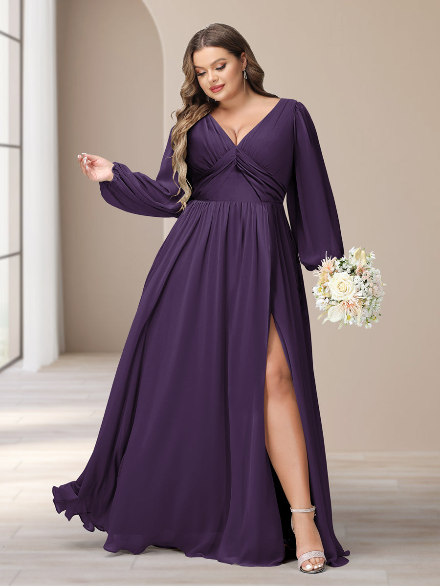 A-Line/Princess V-Neck Long Sleeves Chiffon Long Plus Size Bridesmaid Dresses With Split Side