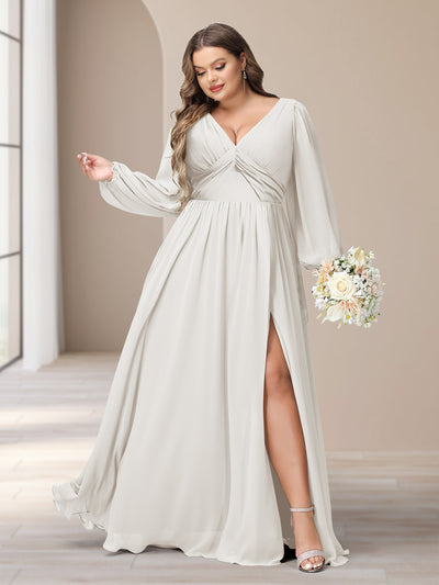 A-Line/Princess V-Neck Long Sleeves Chiffon Long Plus Size Bridesmaid Dresses With Split Side