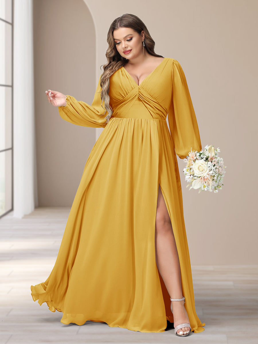 A-Line/Princess V-Neck Long Sleeves Chiffon Long Plus Size Bridesmaid Dresses With Split Side