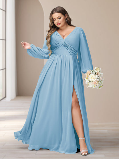 A-Line/Princess V-Neck Long Sleeves Chiffon Long Plus Size Bridesmaid Dresses With Split Side