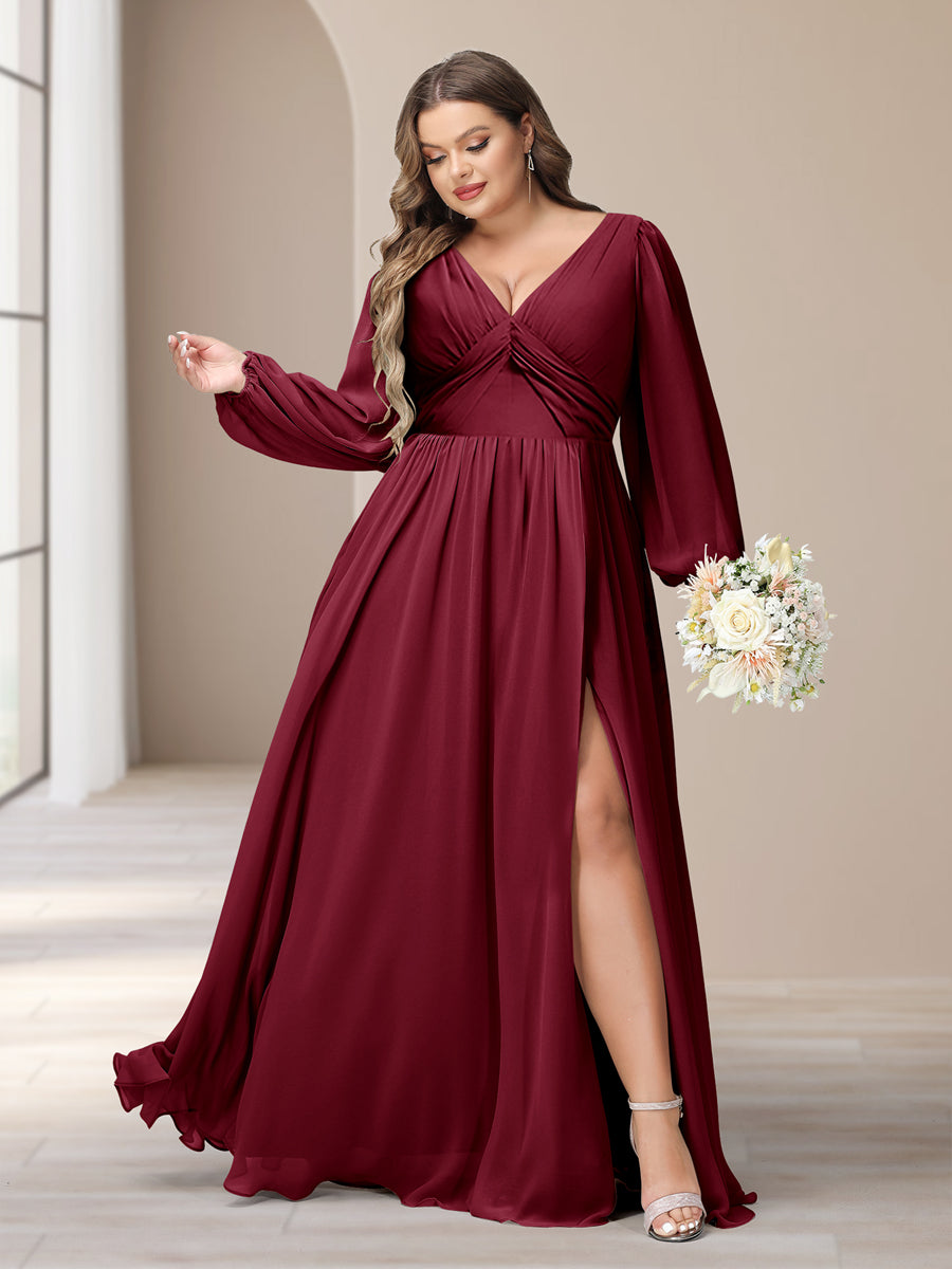 A-Line/Princess V-Neck Long Sleeves Chiffon Long Plus Size Bridesmaid Dresses With Split Side