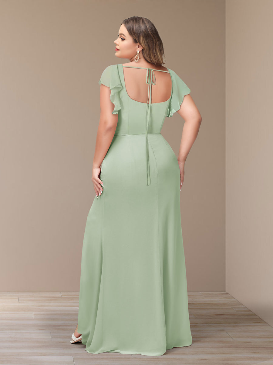 Sheath/Column Short Sleeves Chiffon Plus Size Bridesmaid Dresses with Split Side