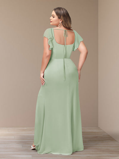 Sheath/Column Short Sleeves Chiffon Plus Size Bridesmaid Dresses with Split Side