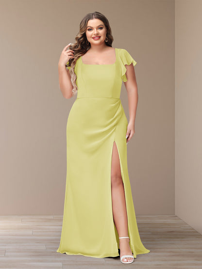 Sheath/Column Short Sleeves Chiffon Plus Size Bridesmaid Dresses with Split Side