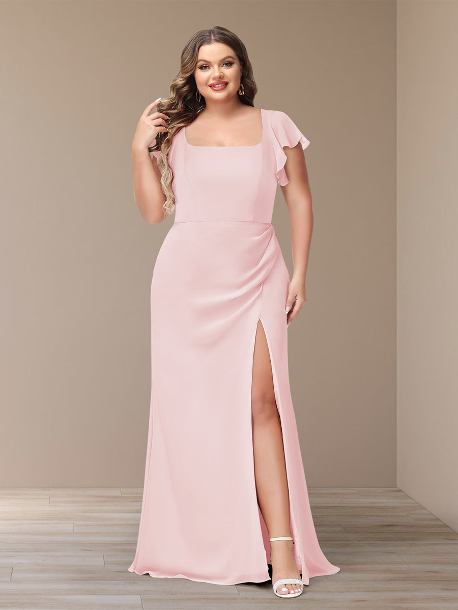 Sheath/Column Short Sleeves Chiffon Plus Size Bridesmaid Dresses with Split Side