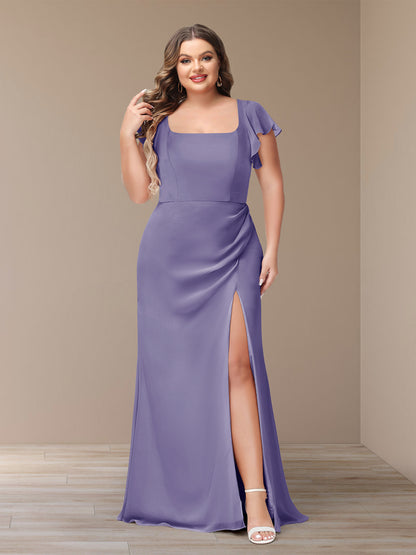 Sheath/Column Short Sleeves Chiffon Plus Size Bridesmaid Dresses with Split Side