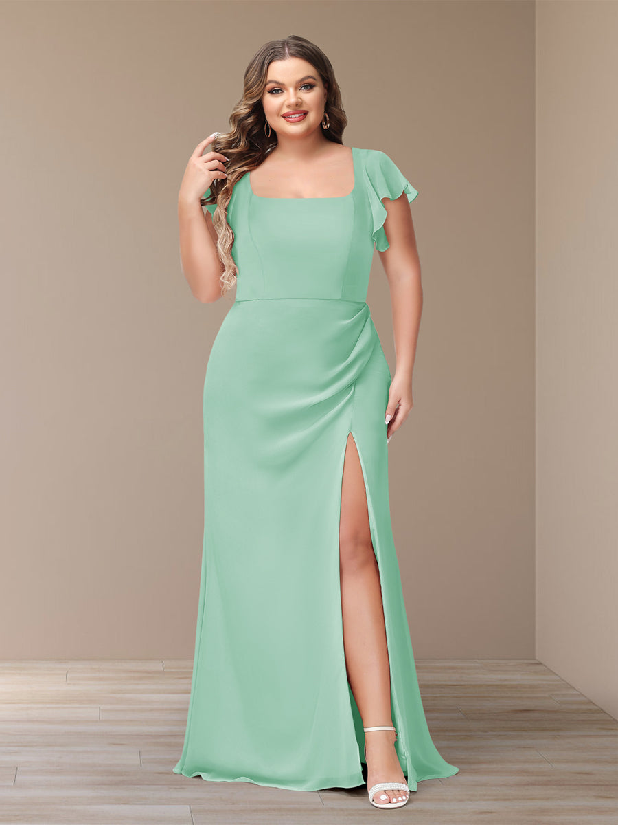 Sheath/Column Short Sleeves Chiffon Plus Size Bridesmaid Dresses with Split Side