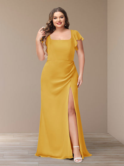 Sheath/Column Short Sleeves Chiffon Plus Size Bridesmaid Dresses with Split Side