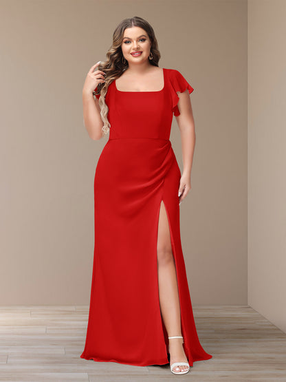 Sheath/Column Short Sleeves Chiffon Plus Size Bridesmaid Dresses with Split Side