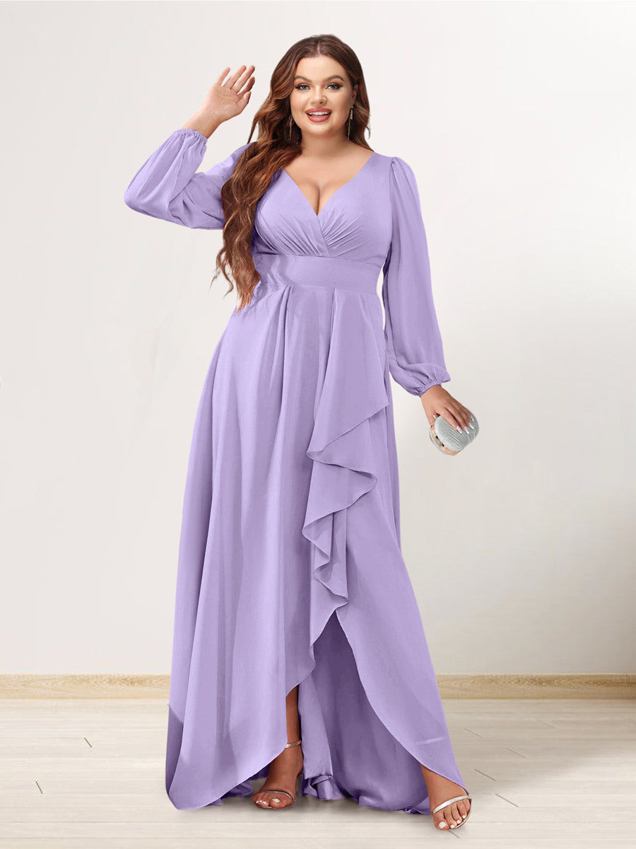 A-Line/Princess V-Neck Long Sleeves Chiffon Ruched Asymmetrical Plus Size Bridesmaid Dresses with Pockets