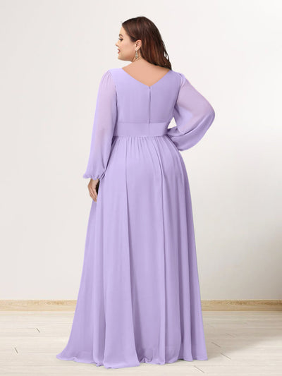 A-Line/Princess V-Neck Long Sleeves Chiffon Ruched Asymmetrical Plus Size Bridesmaid Dresses with Pockets