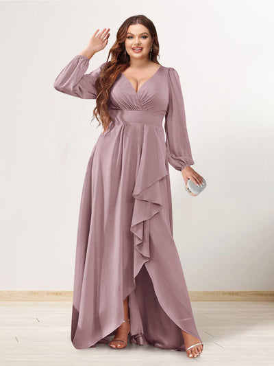 A-Line/Princess V-Neck Long Sleeves Chiffon Ruched Asymmetrical Plus Size Bridesmaid Dresses with Pockets