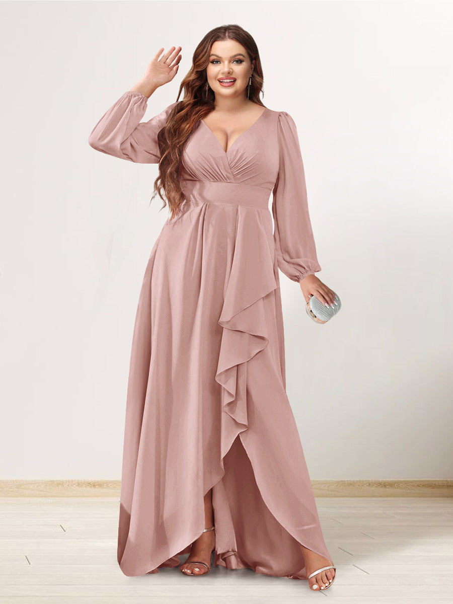 A-Line/Princess V-Neck Long Sleeves Chiffon Ruched Asymmetrical Plus Size Bridesmaid Dresses with Pockets