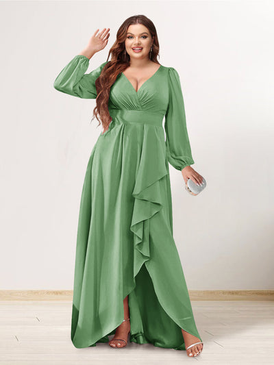 A-Line/Princess V-Neck Long Sleeves Chiffon Ruched Asymmetrical Plus Size Bridesmaid Dresses with Pockets