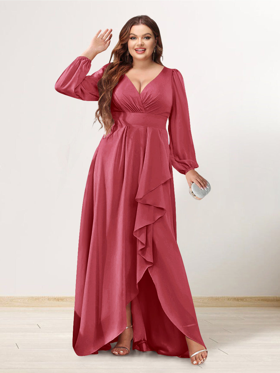 A-Line/Princess V-Neck Long Sleeves Chiffon Ruched Asymmetrical Plus Size Bridesmaid Dresses with Pockets