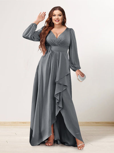 A-Line/Princess V-Neck Long Sleeves Chiffon Ruched Asymmetrical Plus Size Bridesmaid Dresses with Pockets