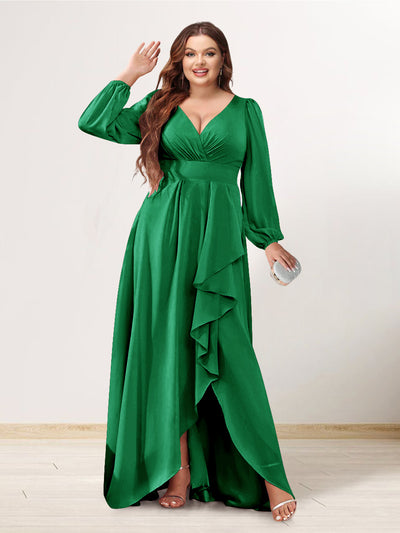 A-Line/Princess V-Neck Long Sleeves Chiffon Ruched Asymmetrical Plus Size Bridesmaid Dresses with Pockets