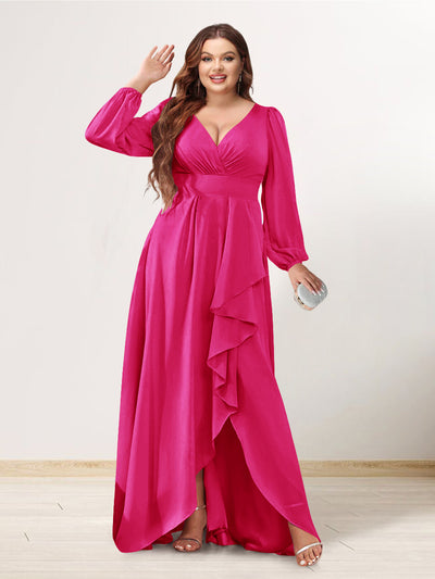 A-Line/Princess V-Neck Long Sleeves Chiffon Ruched Asymmetrical Plus Size Bridesmaid Dresses with Pockets