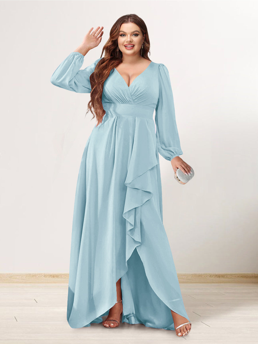 A-Line/Princess V-Neck Long Sleeves Chiffon Ruched Asymmetrical Plus Size Bridesmaid Dresses with Pockets