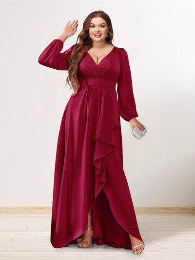 A-Line/Princess V-Neck Long Sleeves Chiffon Ruched Asymmetrical Plus Size Bridesmaid Dresses with Pockets