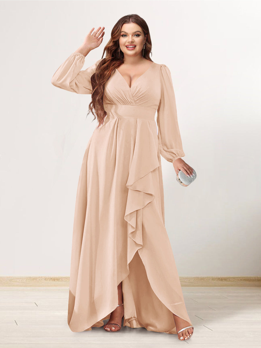 A-Line/Princess V-Neck Long Sleeves Chiffon Ruched Asymmetrical Plus Size Bridesmaid Dresses with Pockets