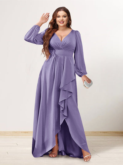 A-Line/Princess V-Neck Long Sleeves Chiffon Ruched Asymmetrical Plus Size Bridesmaid Dresses with Pockets