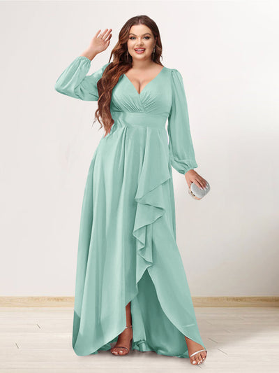 A-Line/Princess V-Neck Long Sleeves Chiffon Ruched Asymmetrical Plus Size Bridesmaid Dresses with Pockets