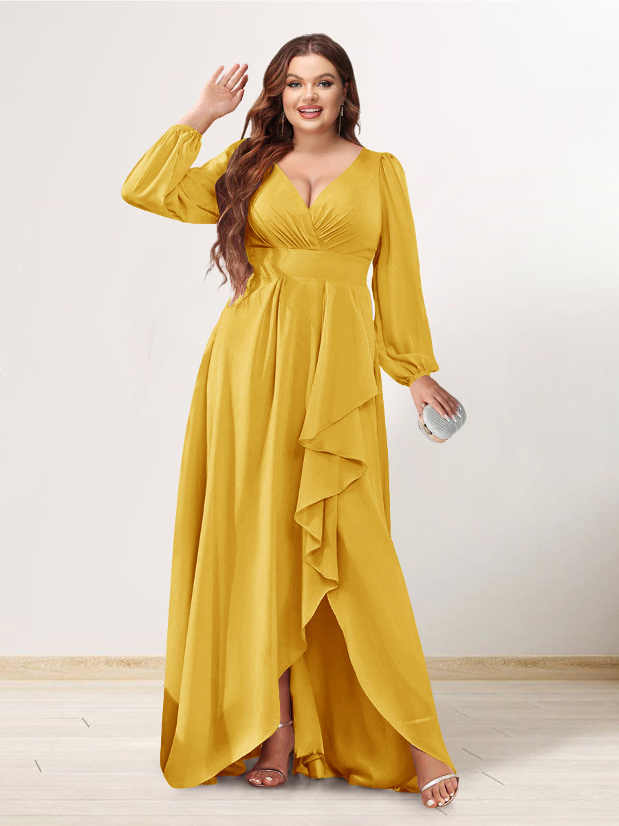 A-Line/Princess V-Neck Long Sleeves Chiffon Ruched Asymmetrical Plus Size Bridesmaid Dresses with Pockets