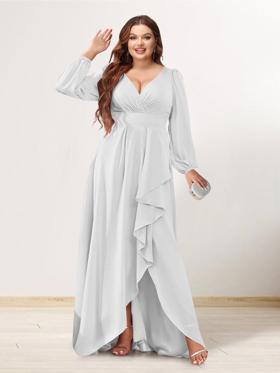 A-Line/Princess V-Neck Long Sleeves Chiffon Ruched Asymmetrical Plus Size Bridesmaid Dresses with Pockets