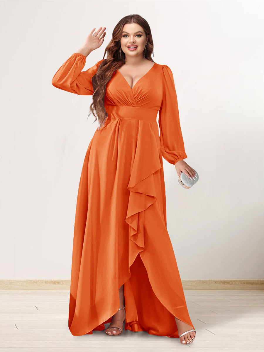 A-Line/Princess V-Neck Long Sleeves Chiffon Ruched Asymmetrical Plus Size Bridesmaid Dresses with Pockets