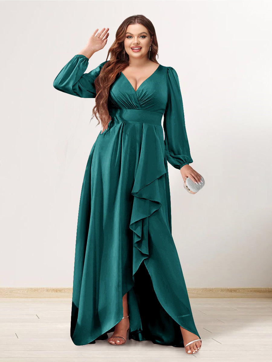 A-Line/Princess V-Neck Long Sleeves Chiffon Ruched Asymmetrical Plus Size Bridesmaid Dresses with Pockets