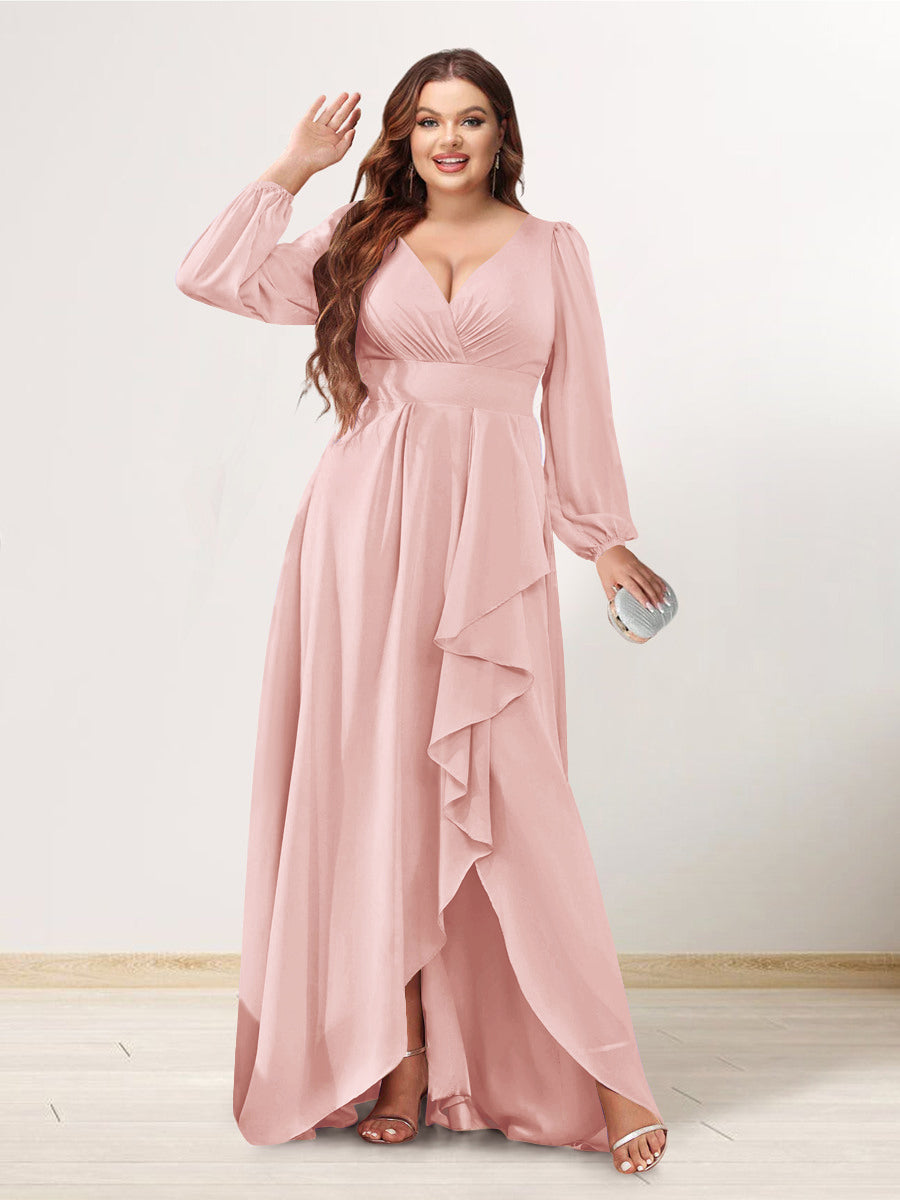 A-Line/Princess V-Neck Long Sleeves Chiffon Ruched Asymmetrical Plus Size Bridesmaid Dresses with Pockets