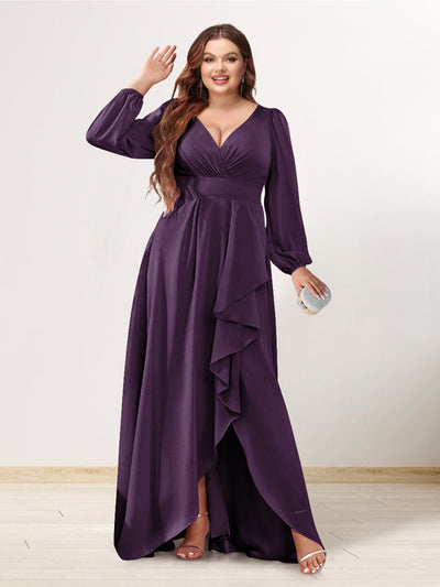 A-Line/Princess V-Neck Long Sleeves Chiffon Ruched Asymmetrical Plus Size Bridesmaid Dresses with Pockets